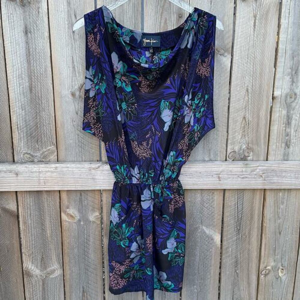 Yumi Kim Dress Mini Kimono Style Sleeve‎ Drape Neck 100% Silk Floral Blue XS NWT